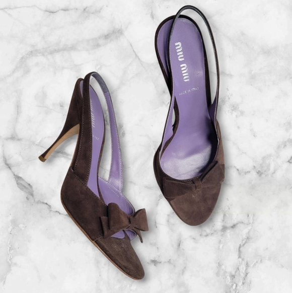 Y2K Miu Miu Chocolate Brown Suede Slingback Heels Pumps Size 36.5 Vintage